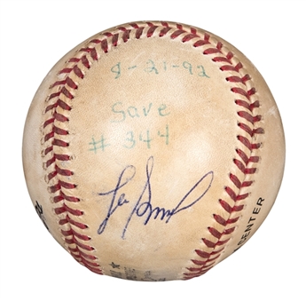 1992 Lee Smith Game Used/Signed Career Save #344 Baseball Used On 8/21/92 (Smith LOA)